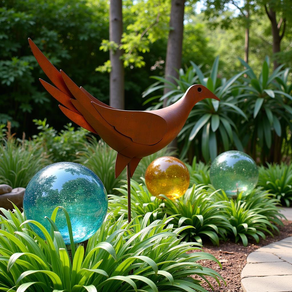 Metal and Glass Garden Art Sculpture in a Modern Garden Setting