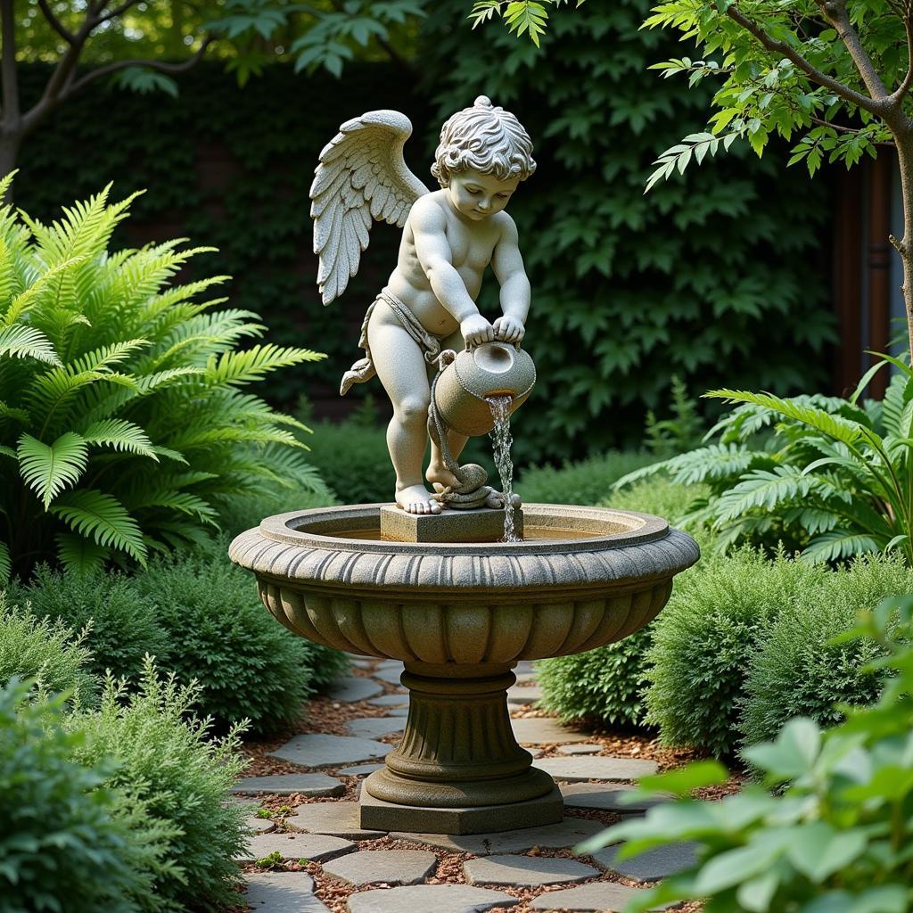 Stone Fountain Garden Art Sculpture in a Lush Green Garden