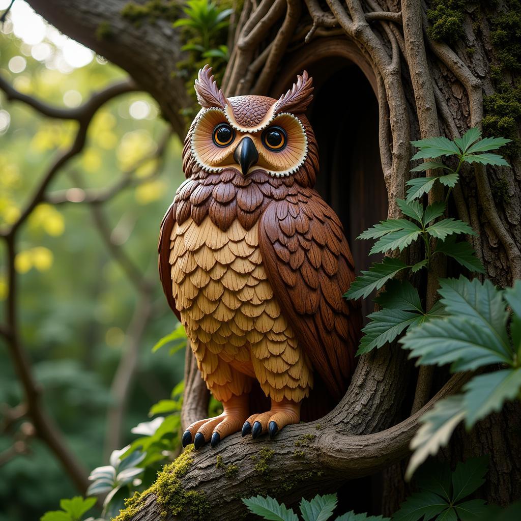 Wooden Owl Garden Art Sculpture Perched on a Tree Branch in a Woodland Garden