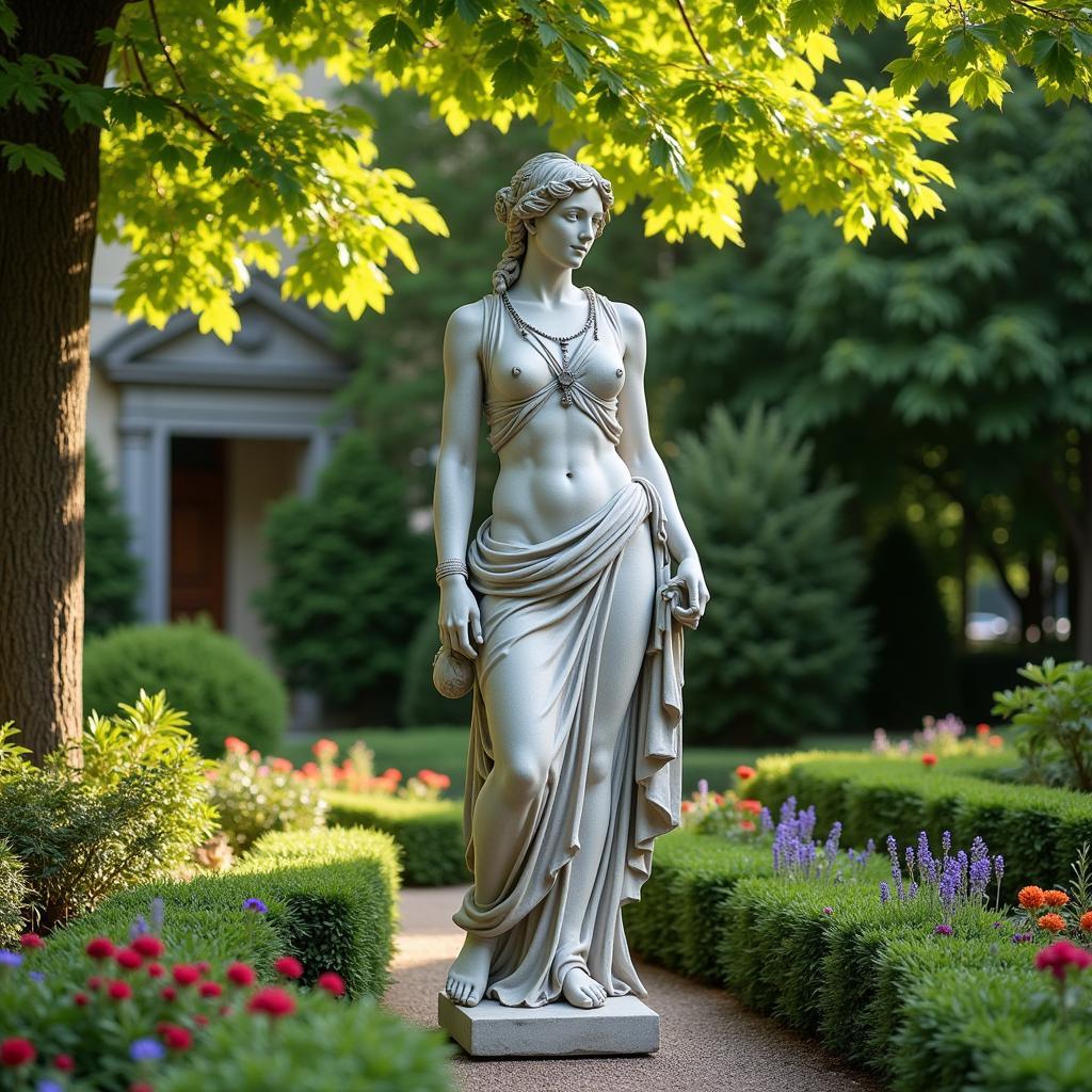 Classical Garden Art Stone Statue in a Lush Garden