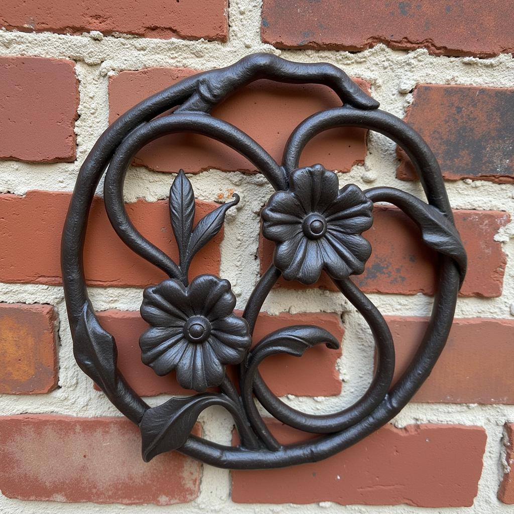 Garden iron wall art featuring a delicate floral design, adding a touch of elegance to an outdoor wall.