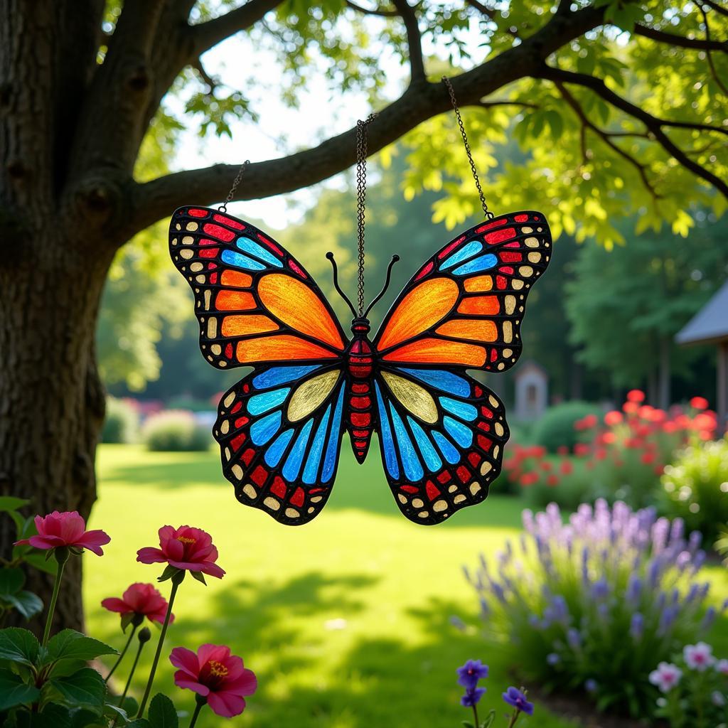 Stained glass suncatcher hanging from a tree branch, casting colorful light patterns onto the garden below.