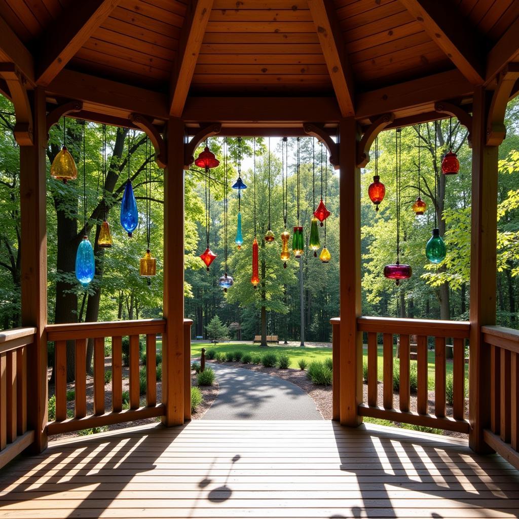 Gazebo adorned with hanging glass art and wind chimes