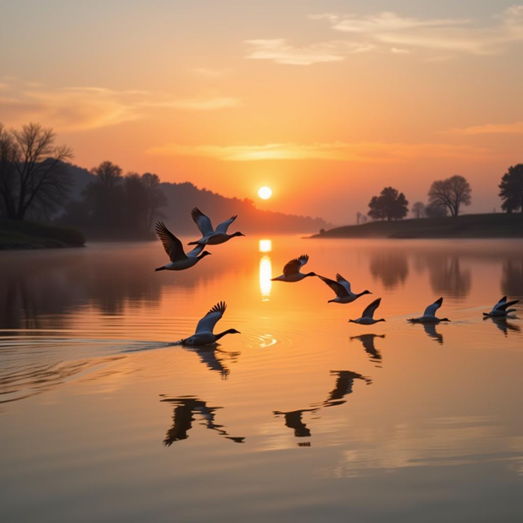 Geese Flying Over Lake Wall Art