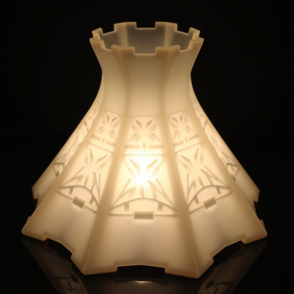 A geometric Art Deco glass light shade with a repeating geometric pattern, illustrating the contrast between Art Deco and Art Nouveau styles.