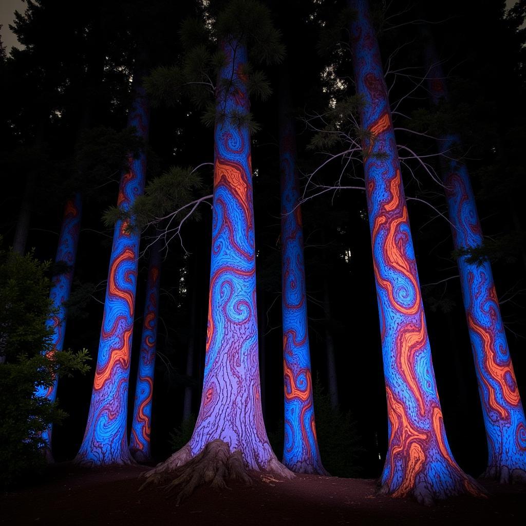 Giant forest art projection onto redwood trees