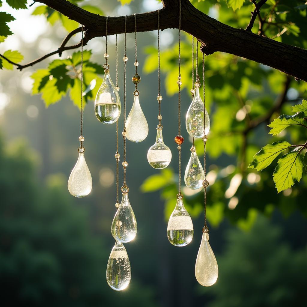 Delicate Glass Wind Chimes Hanging from a Tree Branch