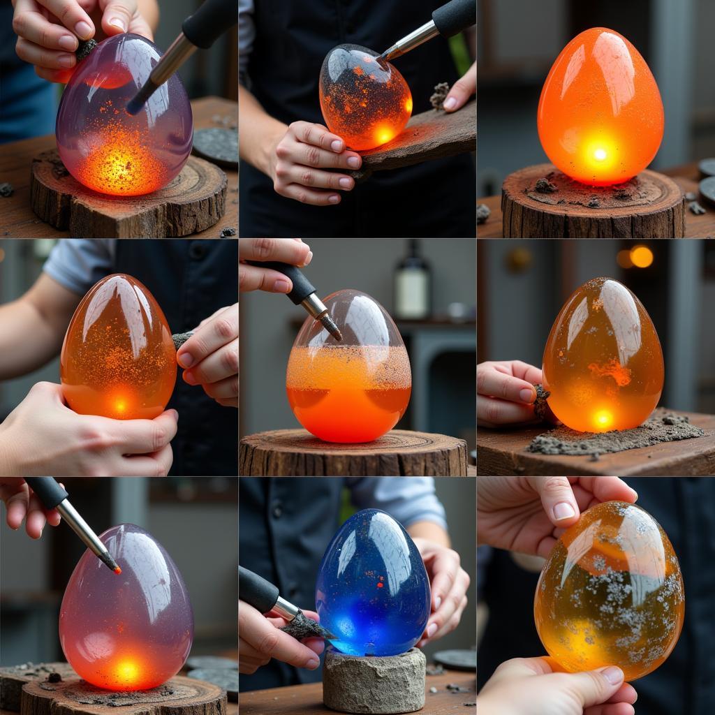 Glassblowing techniques used in creating art glass eggs.