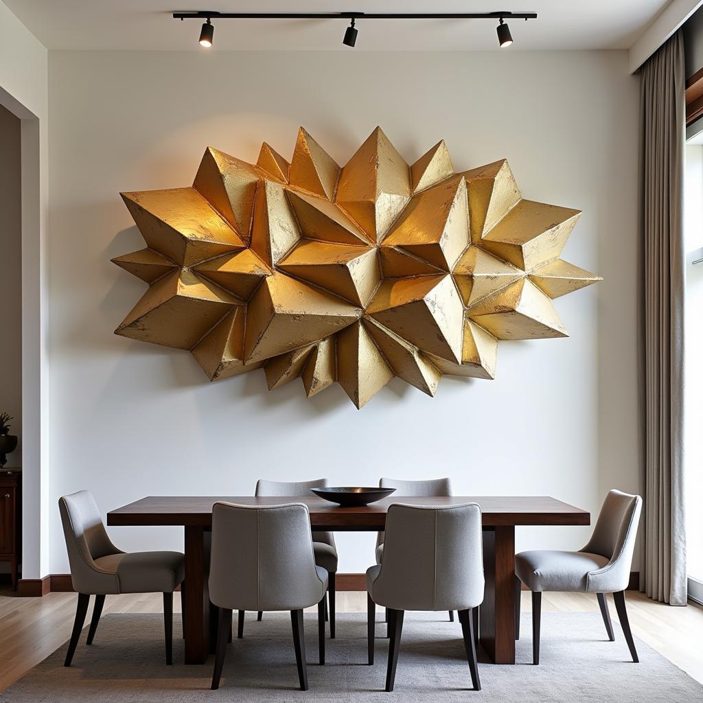 Gold metal sculptural wall art in a contemporary dining room