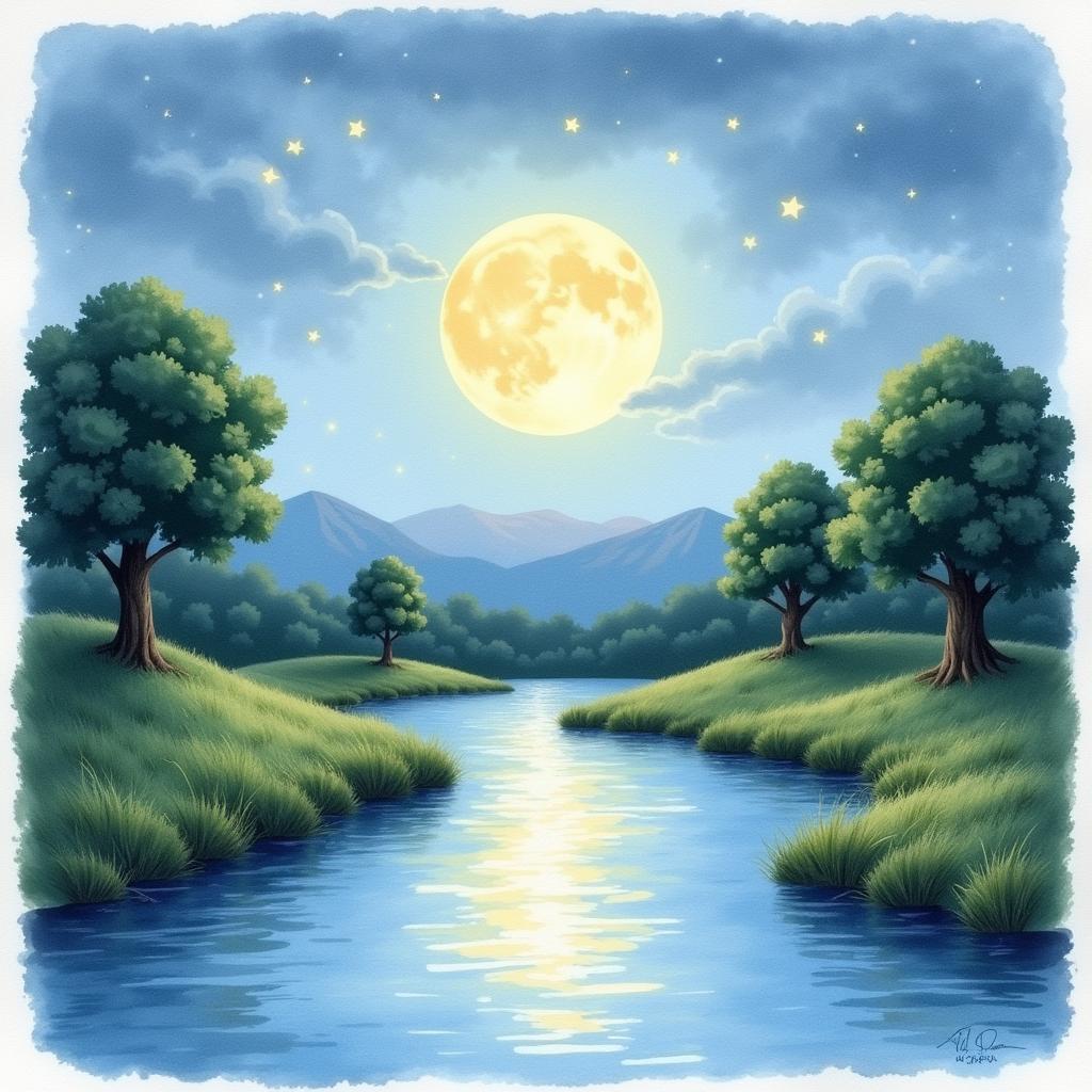 Good night art: Watercolor landscape painting with serene moonlit scene