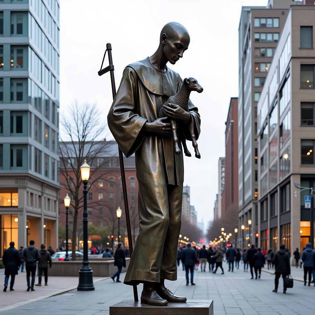 Modern Sculpture of the Good Shepherd in an Urban Setting