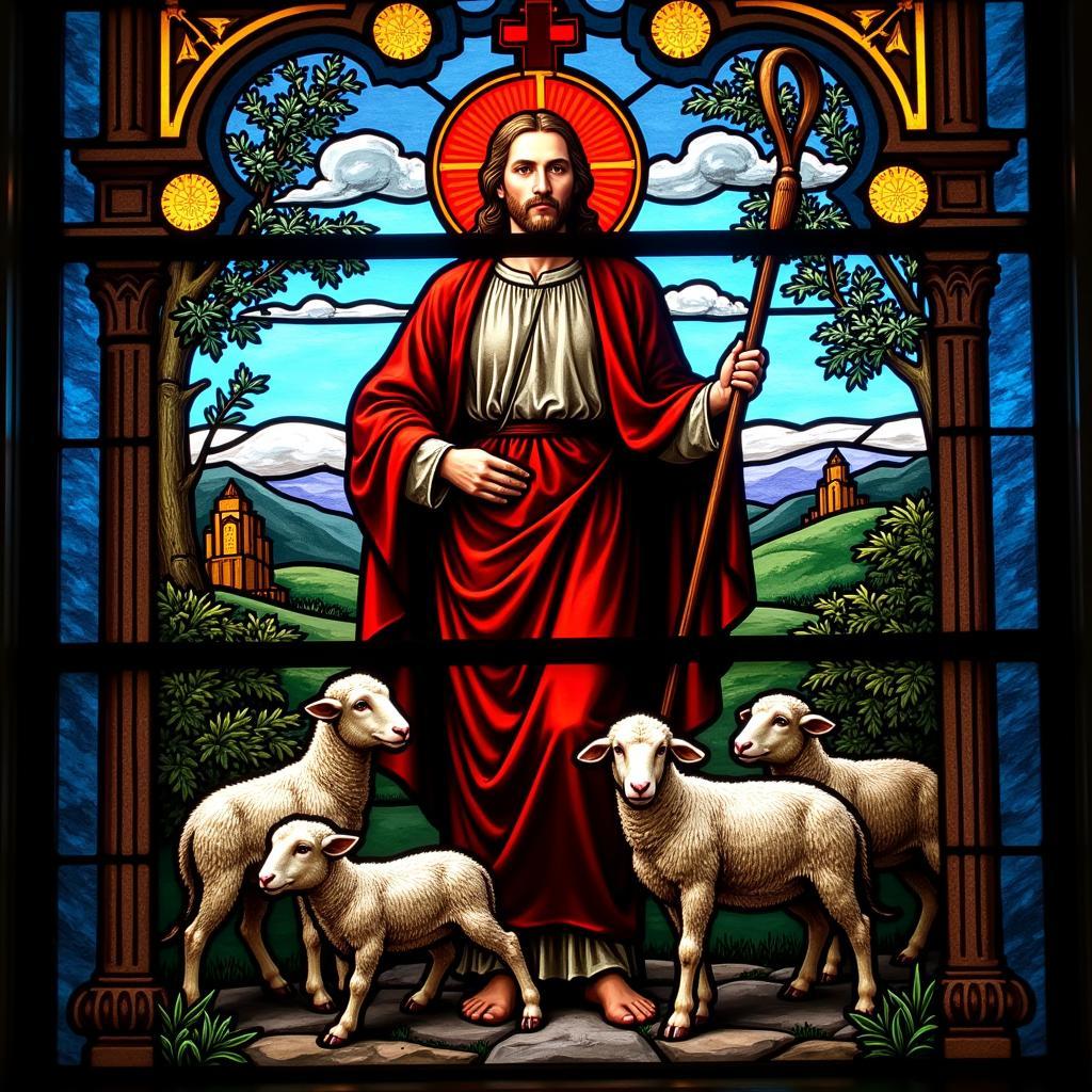 Stained Glass Window Depicting the Good Shepherd in a Church