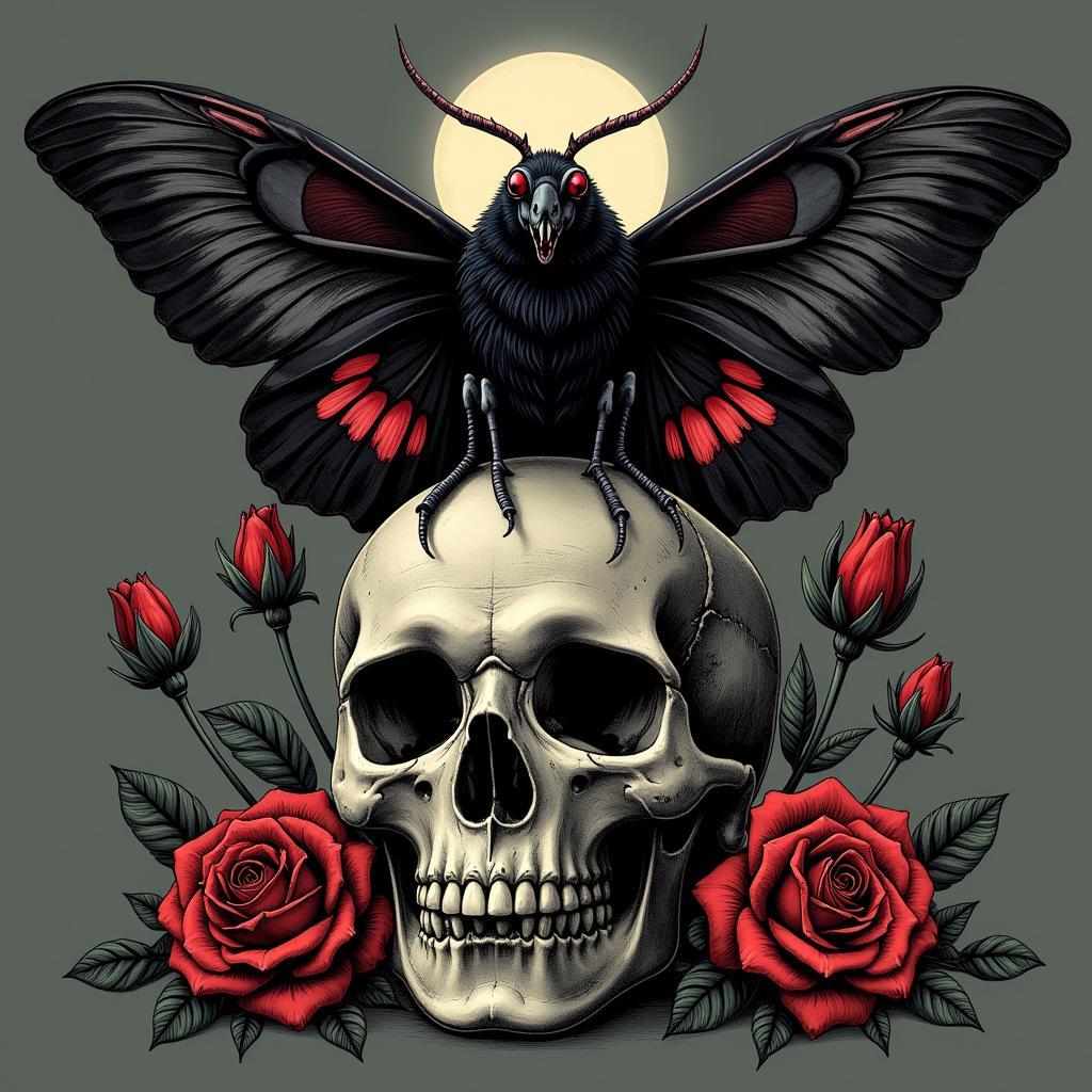 Gothic Dark Moth Illustration: A dark moth with skeletal wings perched on a skull, surrounded by wilting flowers.