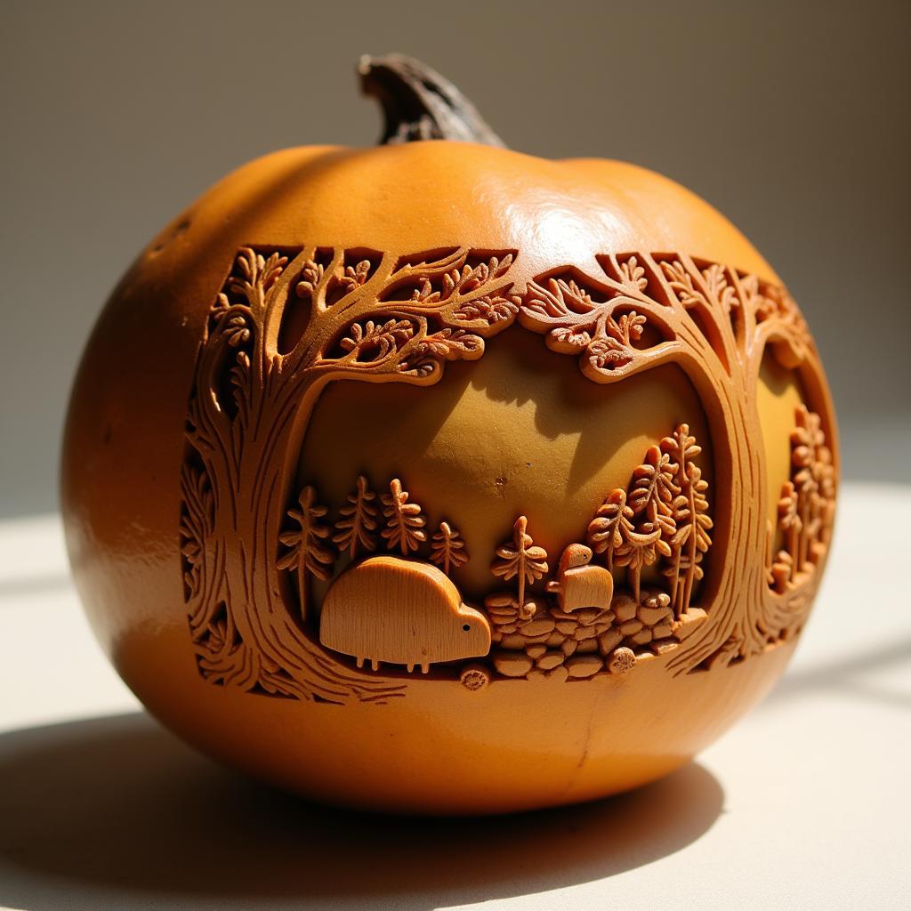 Intricate Gourd Carving Depicting a Forest Scene