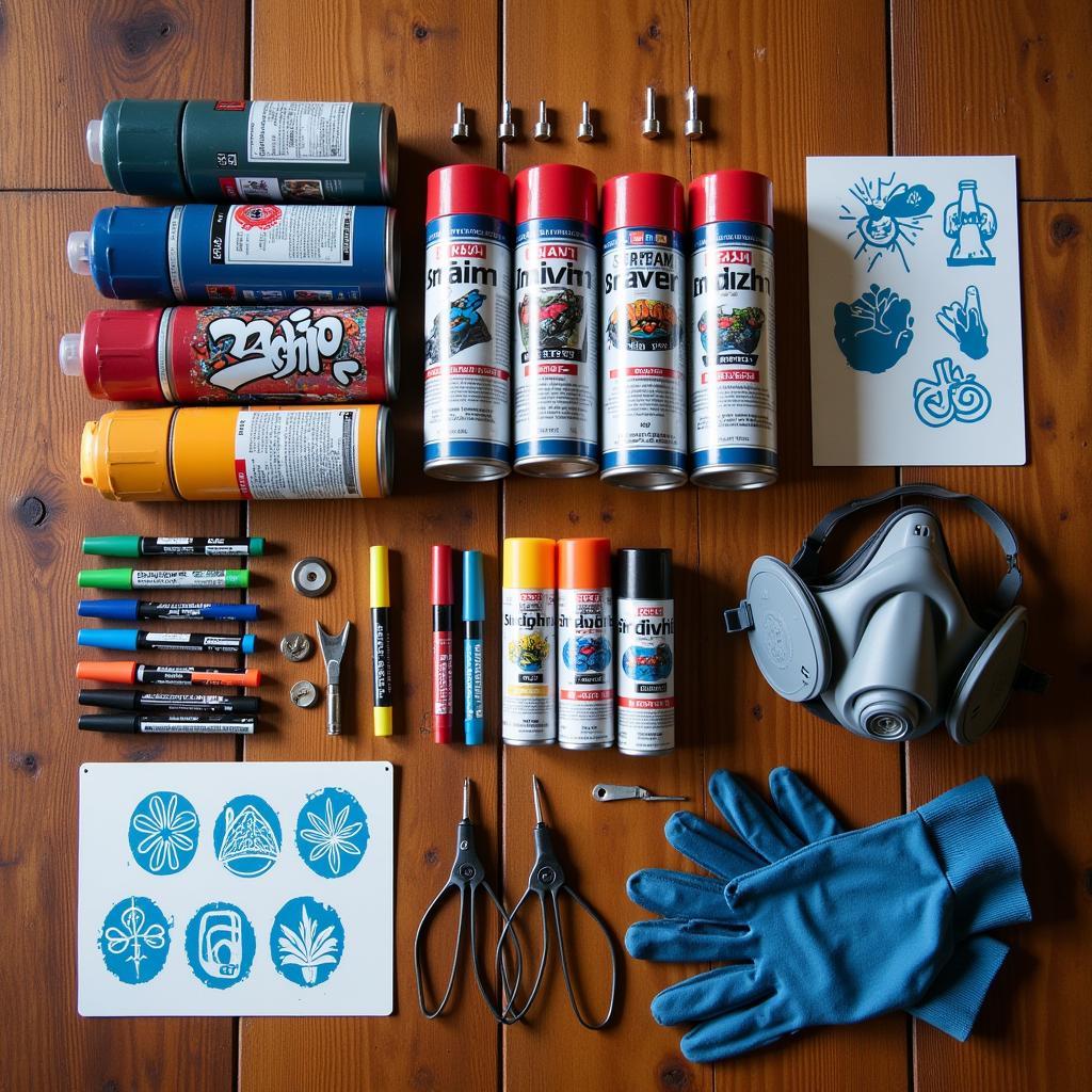 Graffiti Art Kit Essentials: Spray paint cans, nozzles, markers, stencils, gloves, and a respirator mask arranged on a table.