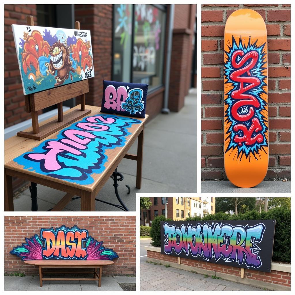 Graffiti Art on Various Surfaces: Examples of graffiti art on a canvas, a skateboard, a wall, and a piece of furniture.