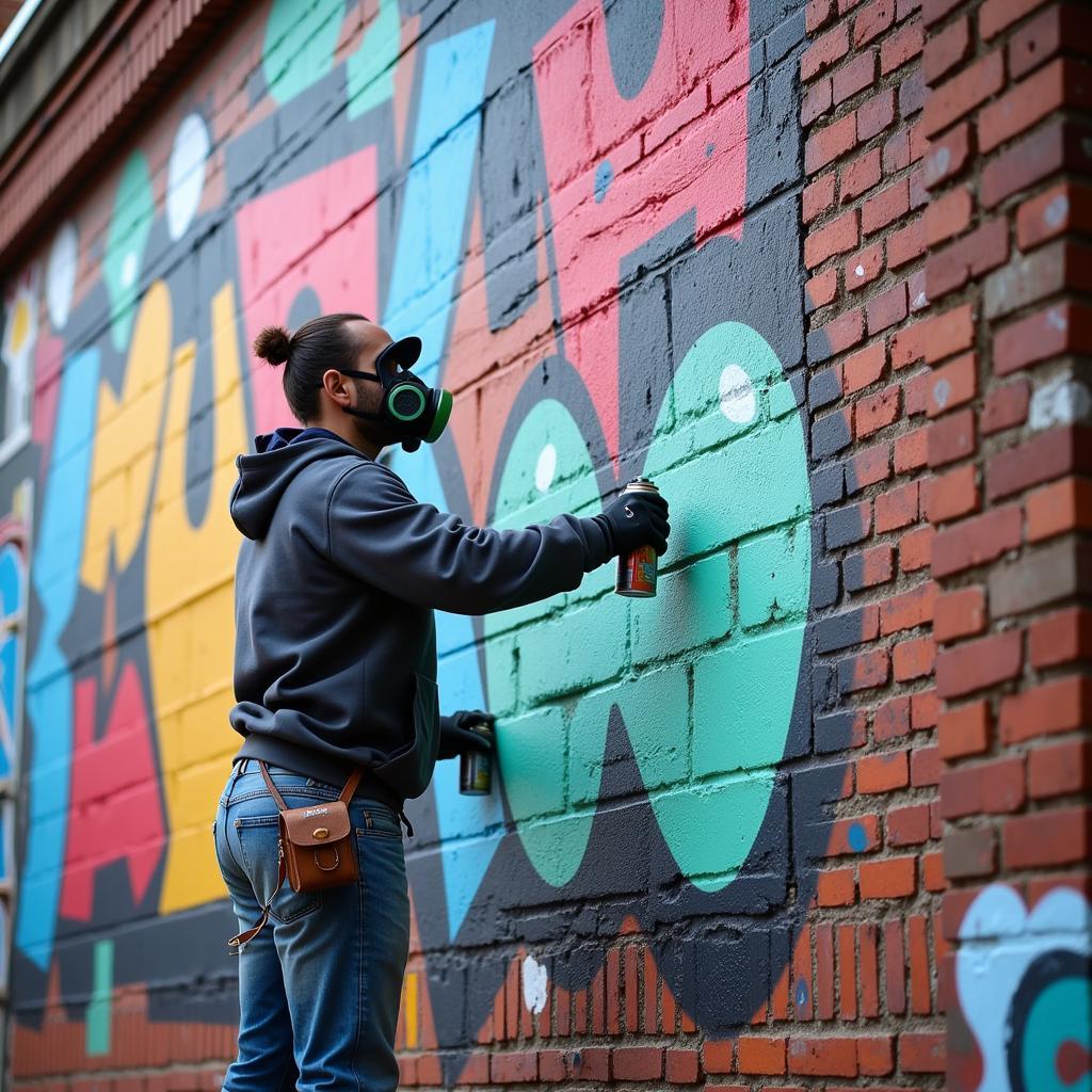 Graffiti Artist at Work on a Large Mural