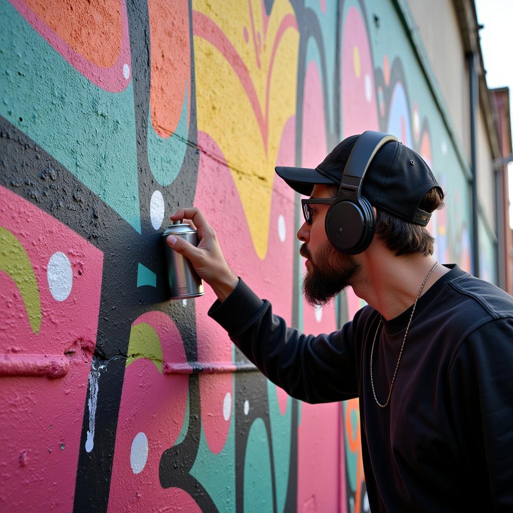 Graffiti Artist at Work on a Large-Scale Abstract Mural