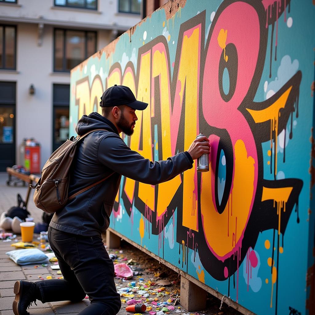 Graffiti Artist at Work on a Large Canvas