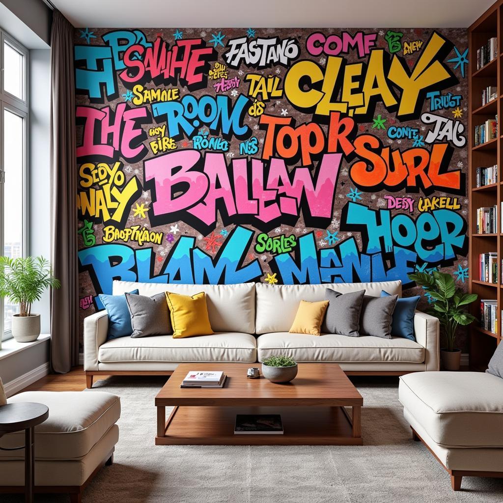 Graffiti wallpaper in a living room setting, showcasing vibrant colors and dynamic designs that bring an urban edge to the interior design.