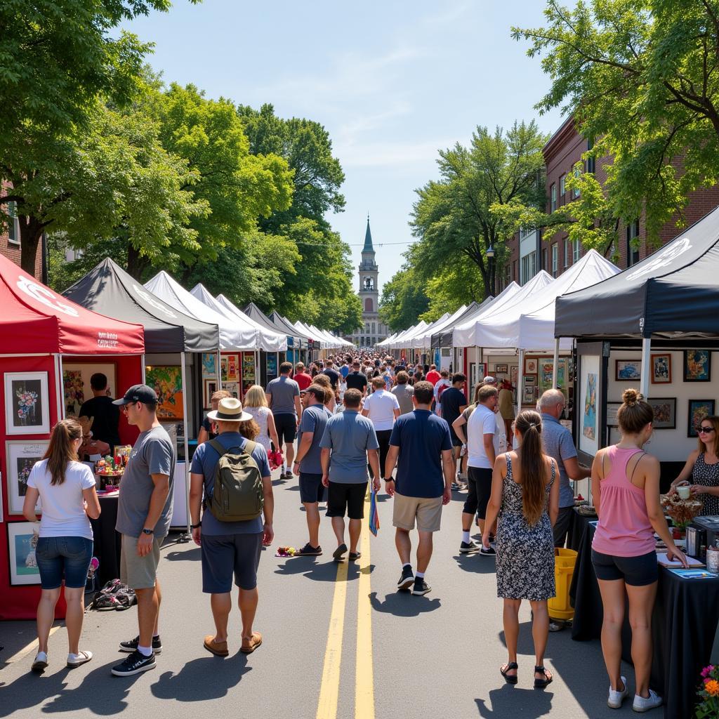 Grapeview Art Festival Scene: Vibrant booths showcasing diverse art forms, from paintings and sculptures to digital installations and interactive exhibits, with artists interacting with visitors.