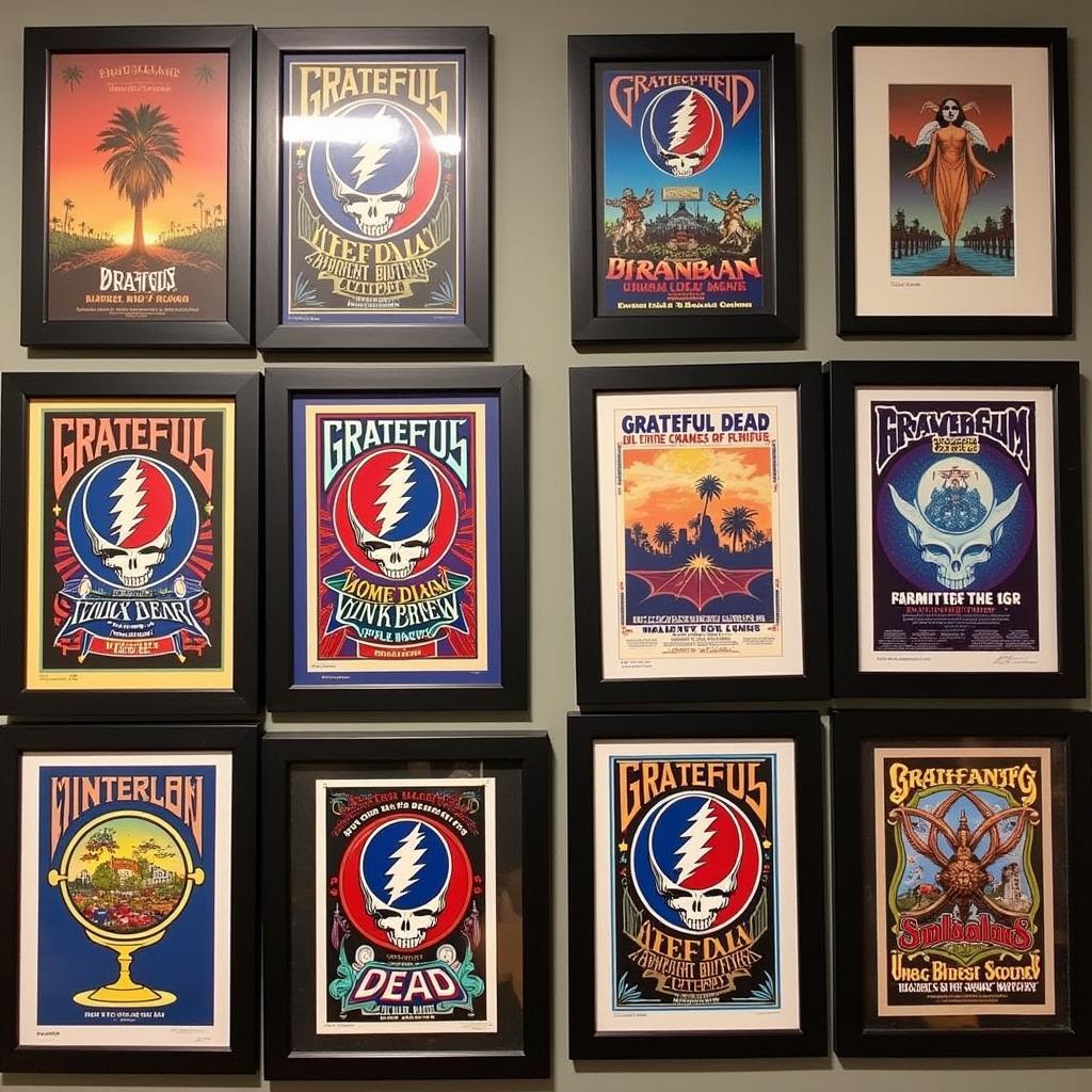 Framed Grateful Dead concert posters from different eras