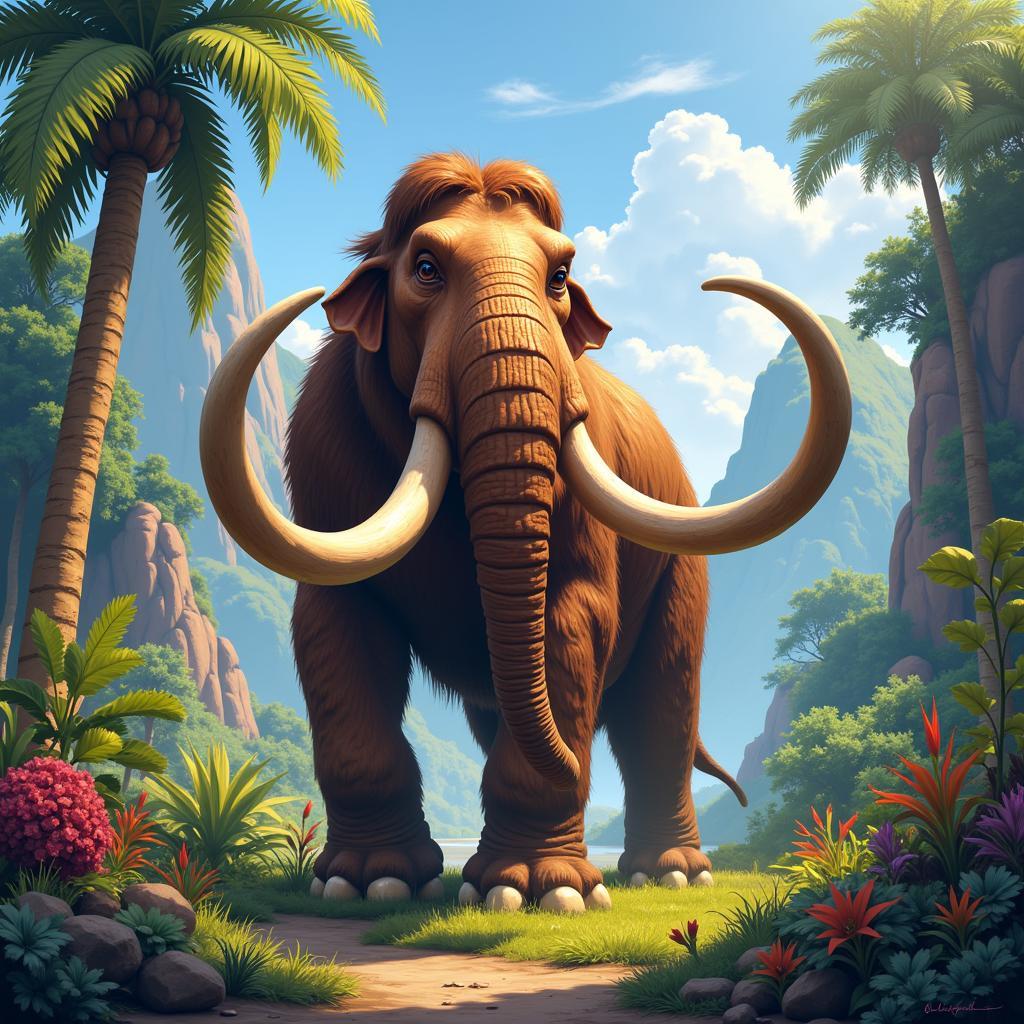 Digital Painting of a Great Tusk Mammoth in a Prehistoric Landscape