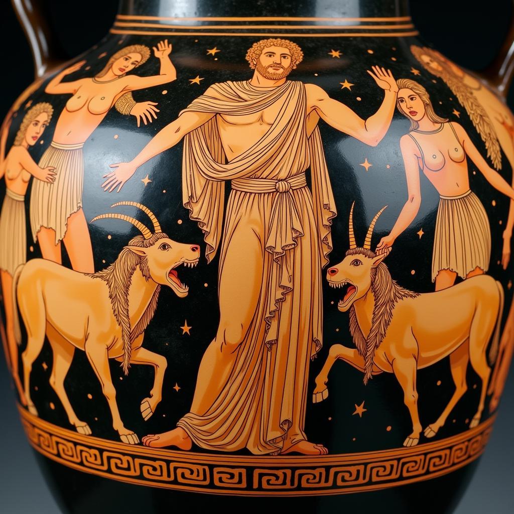 Ancient Greek Pottery Depicting a Mythological Scene with Dionysus