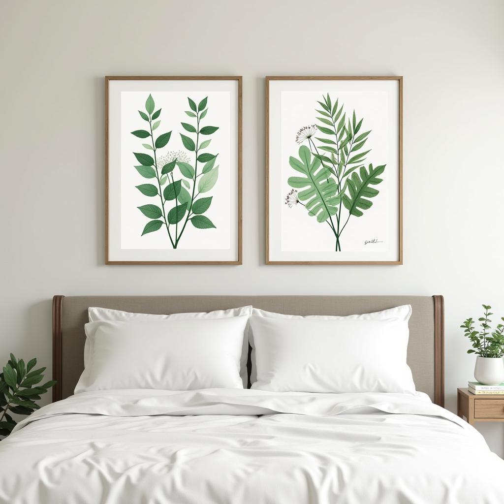 Green botanical wall art in a bedroom