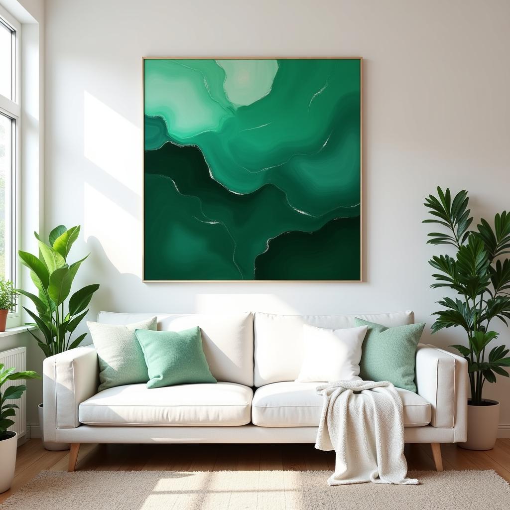 Green wall art in a living room setting