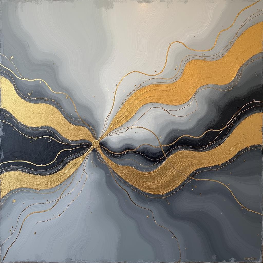 Abstract grey and gold art print showcasing swirling patterns and metallic accents