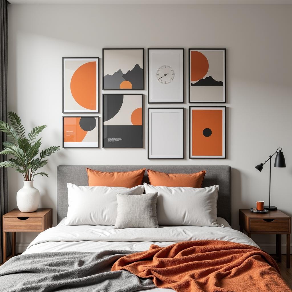 Grey and Orange Gallery Wall in a Bedroom