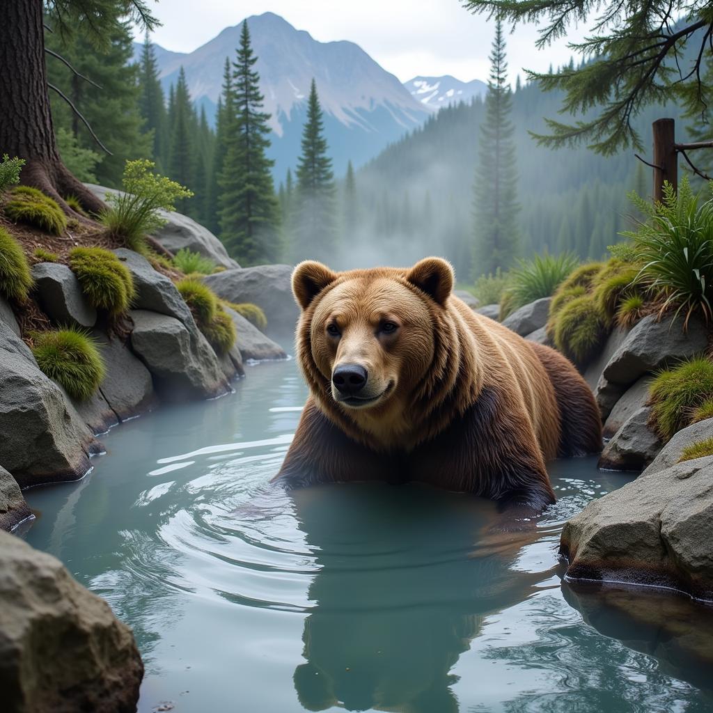 A grizzly bear relaxing in a natural hot spring, surrounded by steam and rocks.