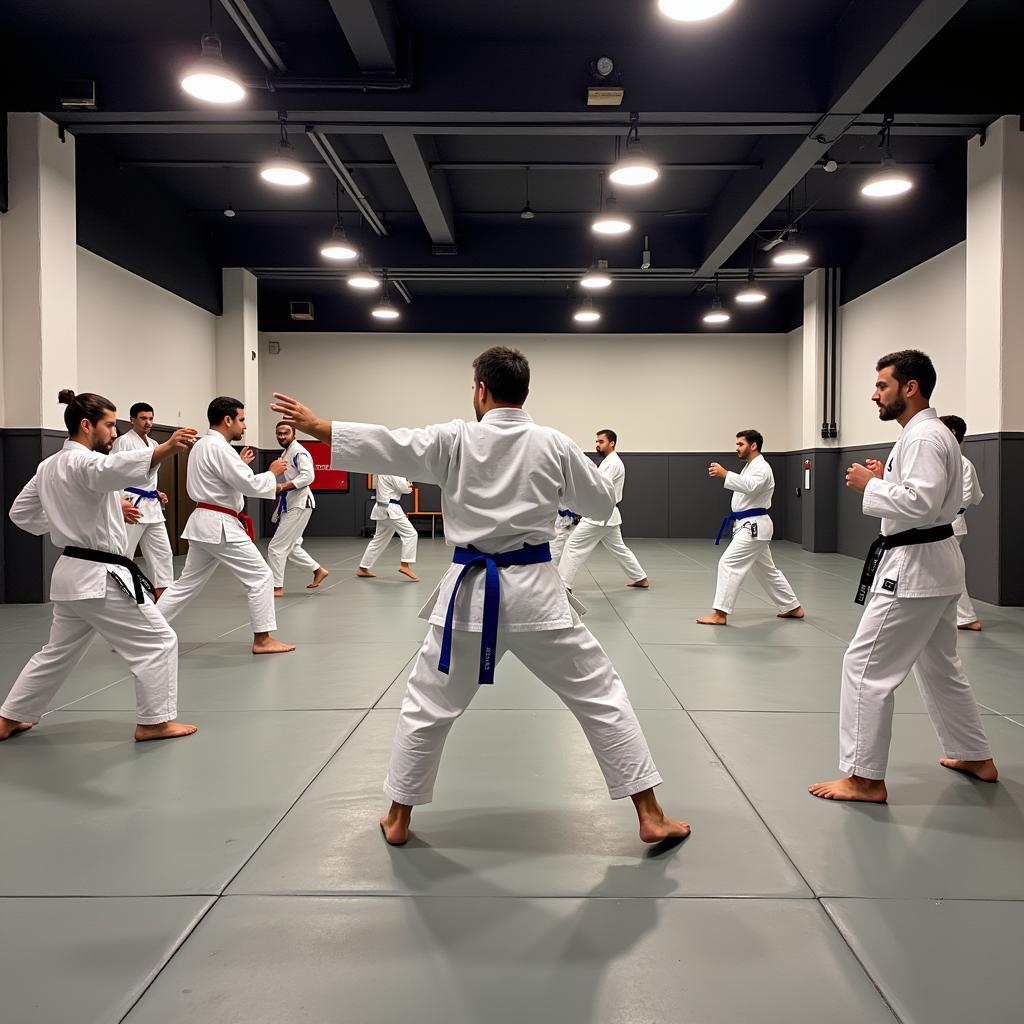 Group of martial artists training in a dojo