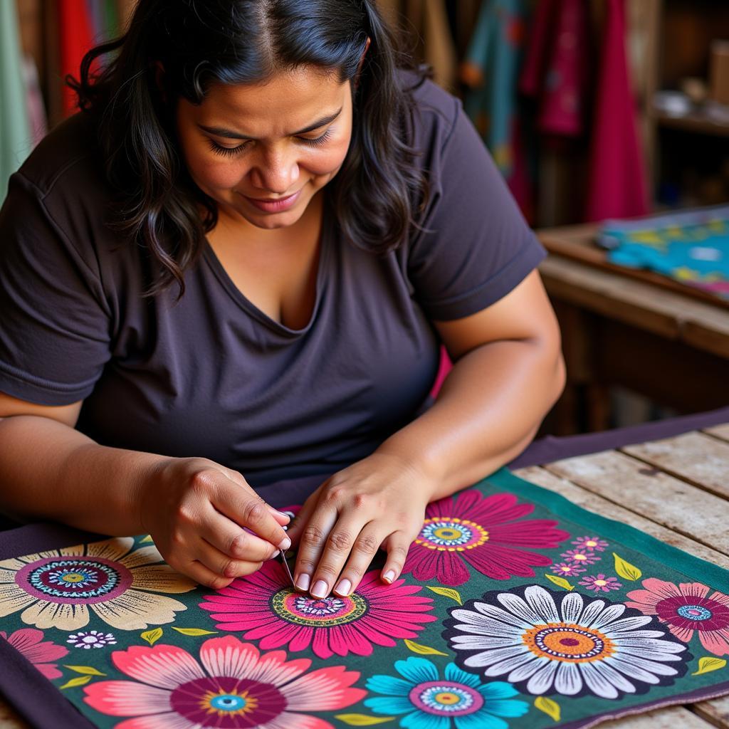 Guna Woman Creating Flower Mola Art