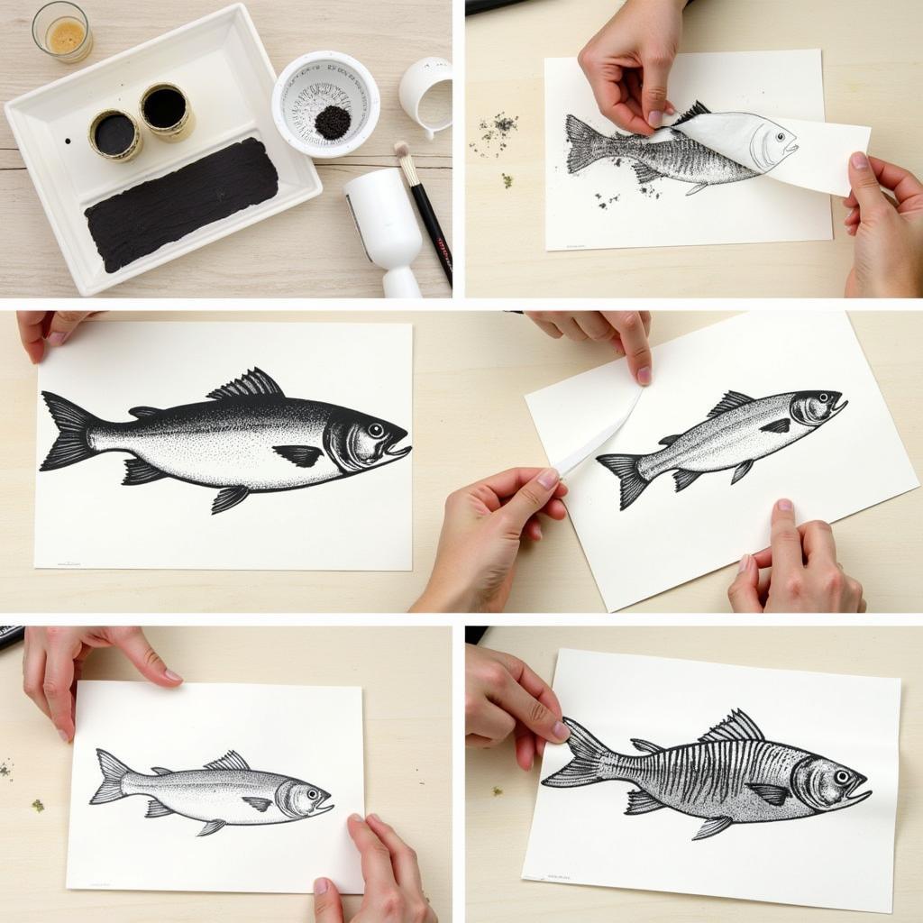 Detailed steps of the direct gyotaku fish printing method, showcasing the careful application of ink and paper to the fish.