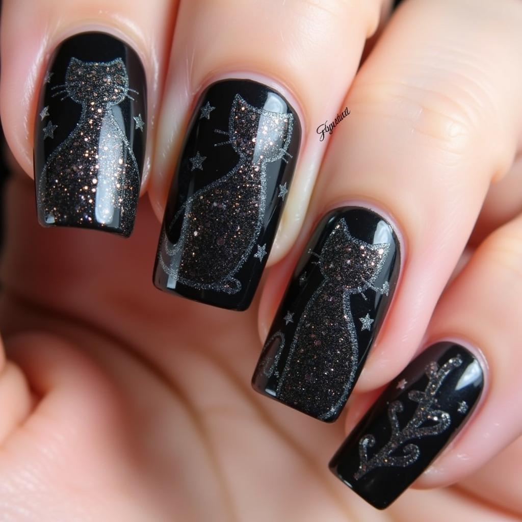 Halloween Black Cat Glitter Nail Art