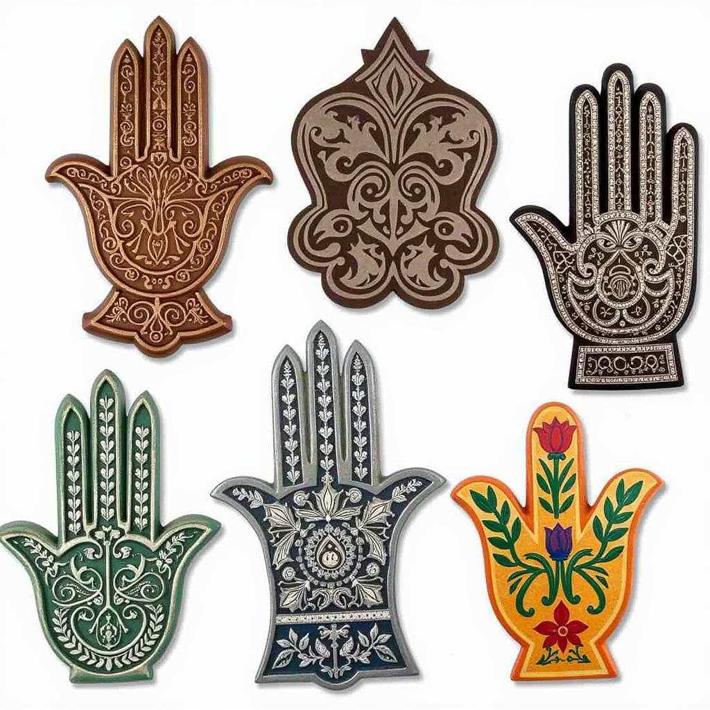 Hamsa hand wall art in various styles like metal, wood, and ceramic.