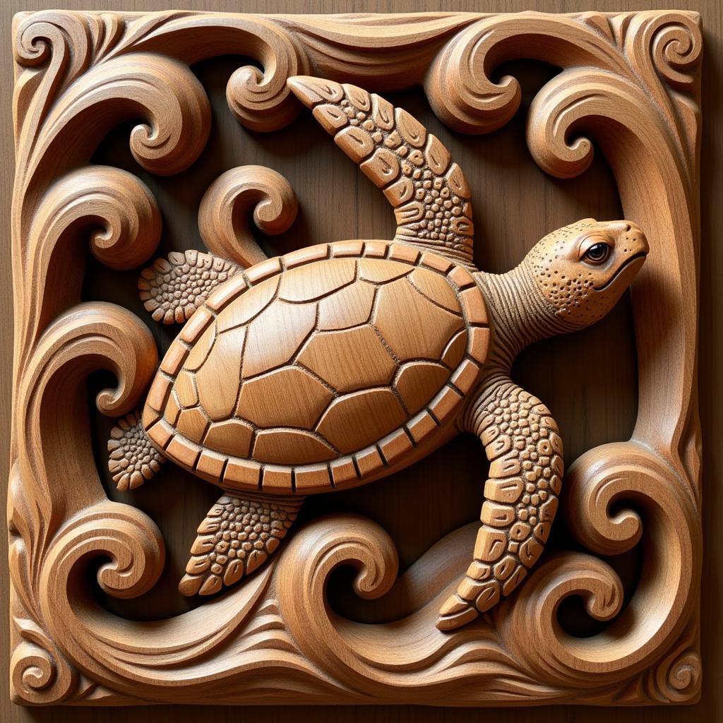 Hand-Carved Hawaiian Wood Panel with Turtle Motif