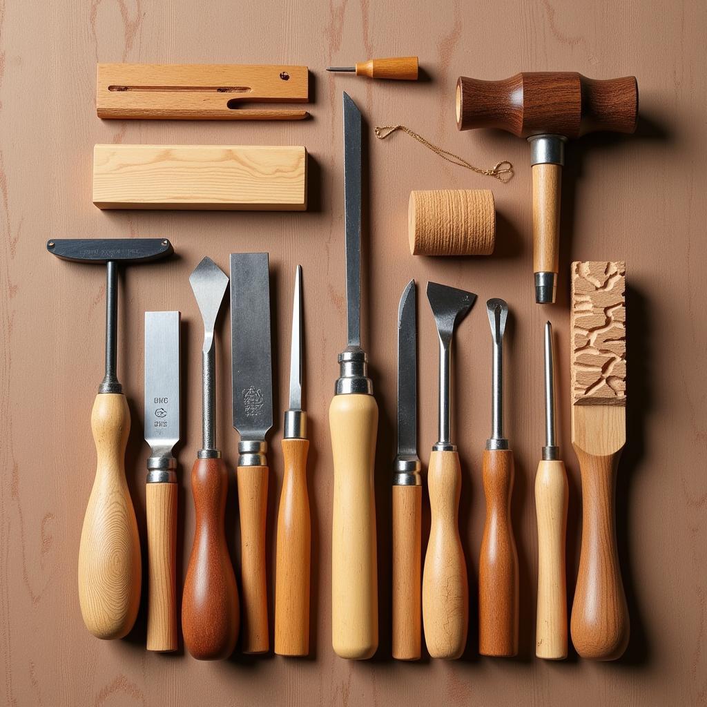 Hand Carved Wood Tools: Showing Various Types of Chisels, Gouges, and Mallet