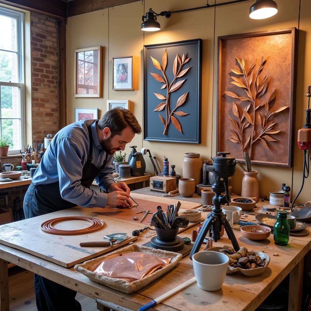 Handmade Copper Metal Wall Art in an Artist's Studio