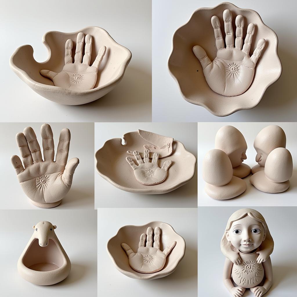 Clay sculptures incorporating children's handprints, creating personalized and unique gifts for grandparents.