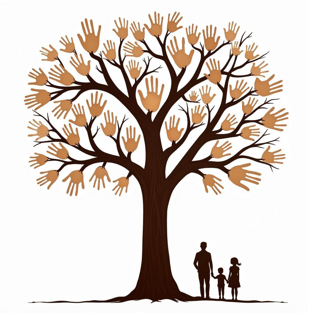 A family tree created with handprints of various sizes, symbolizing the growth and connection of generations.