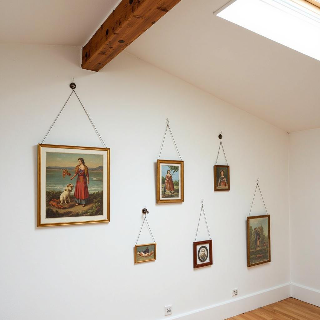 Artwork displayed from a sloped ceiling using adjustable cables