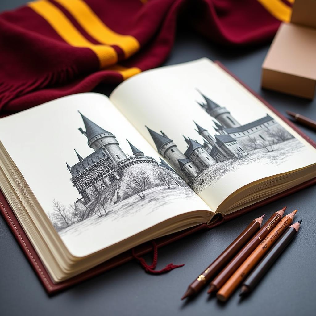 Harry Potter themed sketchbook and pencils