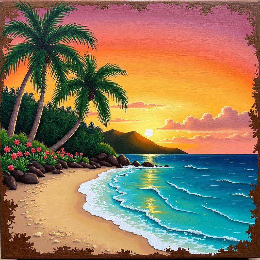 Hawaiian Wood Wall Art Depicting a Tropical Beach Scene