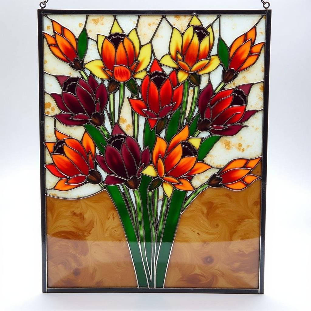 Glass panel with a floral design by Herb A Thomas, showcasing his inspiration from nature.