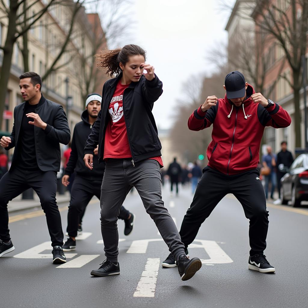 Hip hop dancers performing dynamic moves on the street