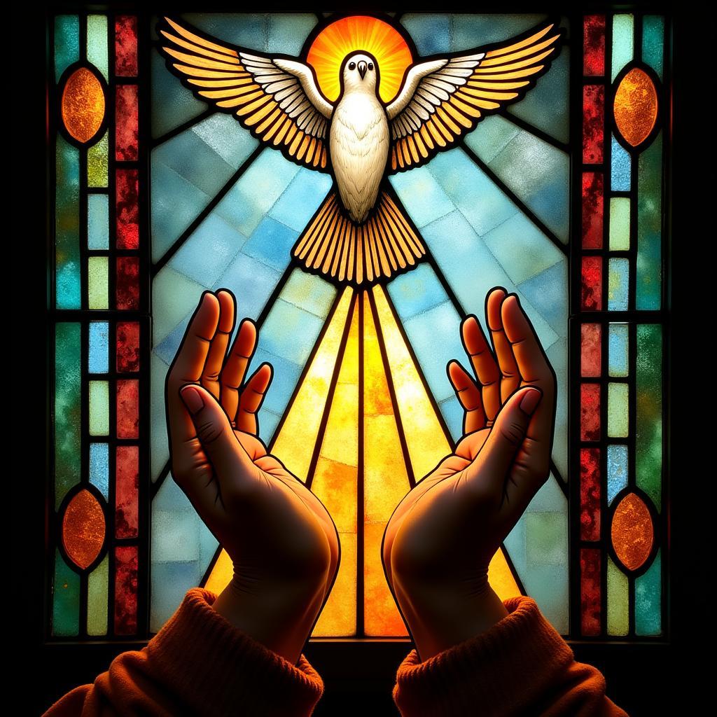 Stained Glass Art Depicting Sparrow and Open Hands