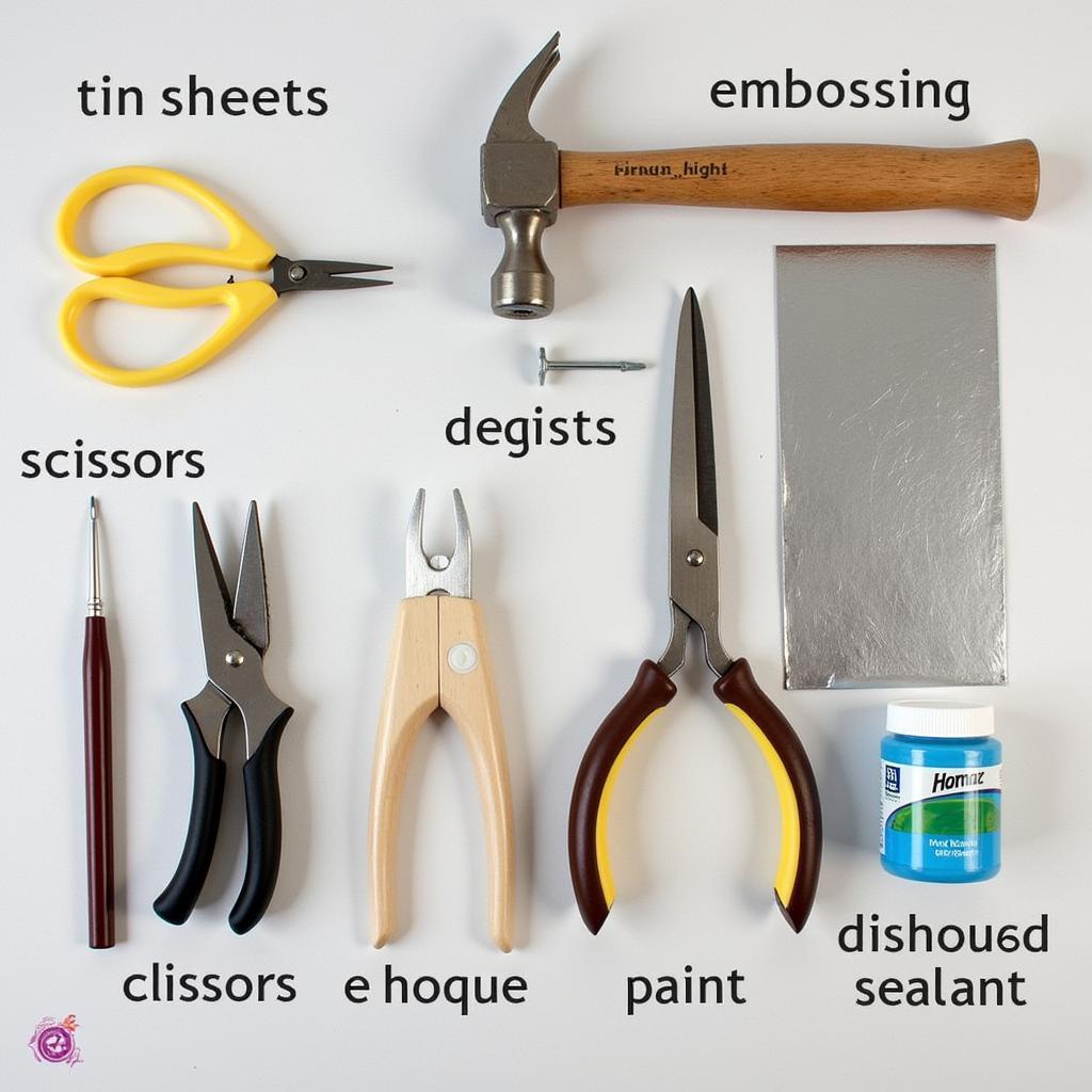 Essential tools and materials for hojalata art